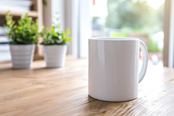 White mug on a light brown wooden table, with small potted plants in the background, out of focus