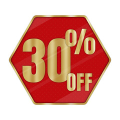 Shiny Gold 30% OFF Discount Label on Red Hexagon Badge Isolated on Transparent Background – Premium Sale Promotion Sign for Marketing and Advertising