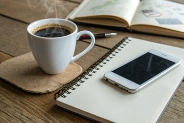 Fresh hot coffee steam rising from white cup on rustic wooden desk, featuring a smartphone, spiral notebook, pen, and open diary for planning and remote working
