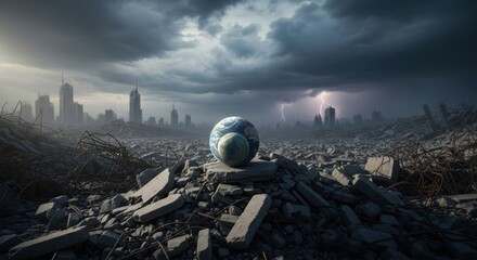 Dramatic Post-apocalyptic Landscape with Crumbling Ruins and Stormy Sky Featuring Lightning and Earthlike Spheres