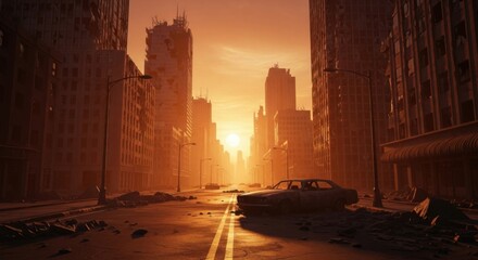 Deserted City Street at Sunset with Burned Vehicles and Tall Skyscrapers in Post-apocalyptic Scene