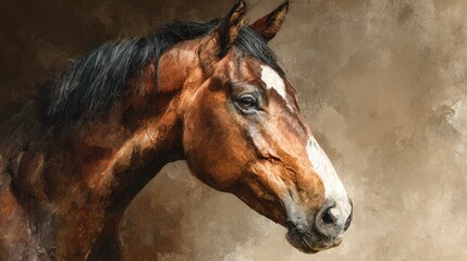 Majestic brown horse with a white blaze posing against a soft, textured background in an artistic representation
