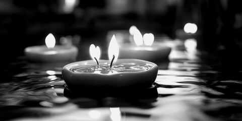 Floating candles create a calm atmosphere in a tranquil setting