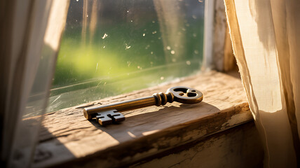 Antique brass key rests on weathered windowsill bathed in warm sunlight, inviting curiosity and discovery.