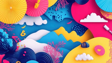Vibrant Abstract Landscape with Playful Clouds and Mountains