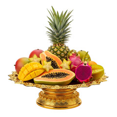 Exotic fruit arrangement on ornate golden pedestal isolated on transparent background