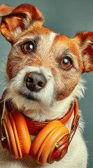 Charming dog wearing headphones gazes curiously at the camera in a studio setting