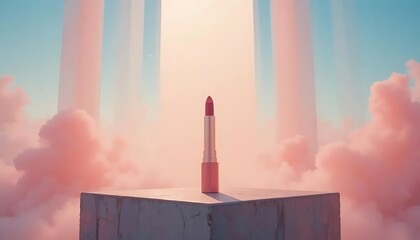 coral-pink lipstick standing on a floating concrete slab, surrounded by ethereal beams of light cutting through a pastel misty gradient sky. Semi-fantasy style, blending realism with soft surrealism, 
