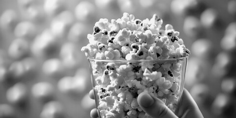 Hand holding a glass filled with fluffy popcorn at a cinema