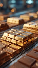 Bars of gold stacked in a row under bright lighting in a vault during the midday hours