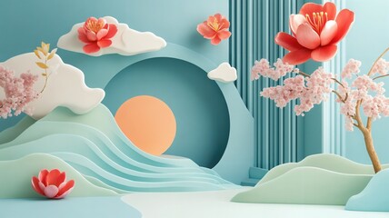 Serene Asian-Inspired Digital Illustration with Soft Colors and Floral Accents