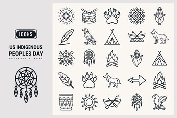 Collection of Indigenous Peoples Day Icons Symbols and Illustrations for Holidays White Background