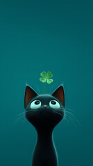 Black cat with four leaf clovers. Creative luckiness and contrast concept 
