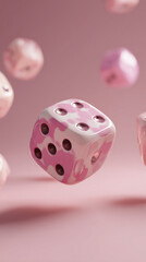 Pink dice bouncing on pastel background. Creative game and luck concept