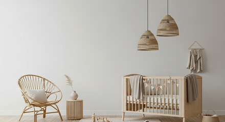 Serene nursery scene natural materials soft lighting minimalistic design wooden crib rattan chair baby room decor