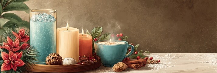 Cozy holiday setting with candles, warm drink, and seasonal decorations on a wooden table