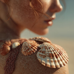 Woman with seashells on her shoulder while sunbathing at the beach