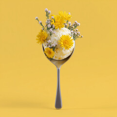 Scoop of vanilla ice cream and edible flowers. Creative summer holiday concept 