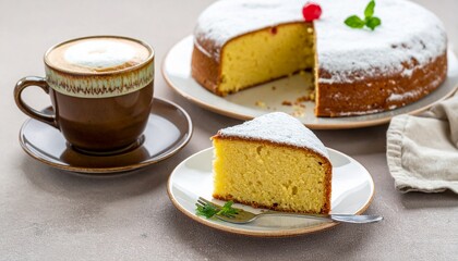 Cake slice and whole cake with coffee cup on table.