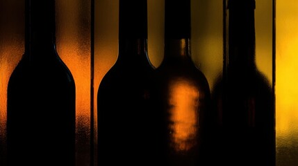 backlighting. An elegant display of wine bottles showcasing intricate glass textures and labels, illuminated by warm backlighting. bar promotions.