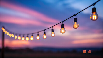 Warm glowing string lights draped across a vibrant twilight sky with streaks of pink and purple clouds creating a magical ambiance