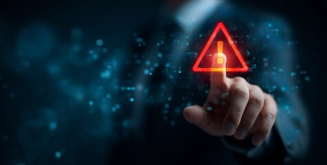 Businessman Interacting with Digital Warning Sign