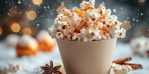 Cinematic delight with popcorn and spices creating cozy holiday vibes at a winter gathering