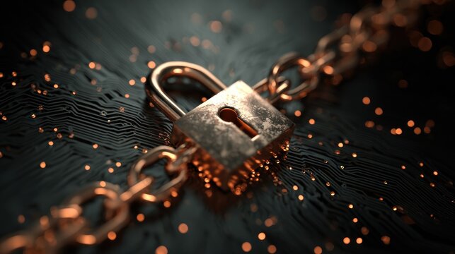 A golden padlock with a chain on a dark, reflective surface with a bokeh effect.