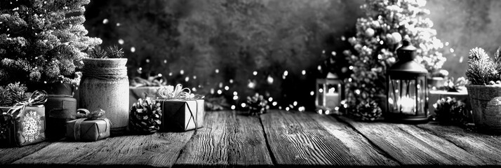 Festive holiday decorations with gifts and trees on wooden table