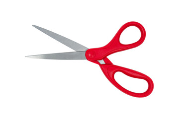 Red-handled scissors isolated on a transparent PNG.
