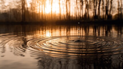 A close-up of ripples on the water surface, focusing on the center, with sunlight falling in the background, and a drop of water falling to create concentric circles.