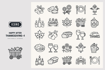 Happy Autumn Thanksgiving Icon Set Collection Of Food And Decorations White Background