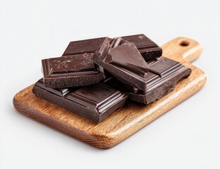 Dark chocolate pieces, unevenly broken, rest on a small, light brown wooden cutting board against a white background