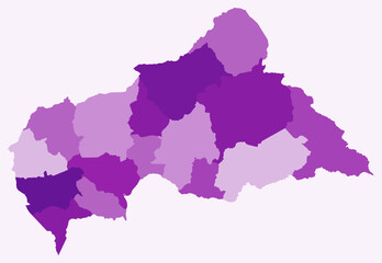 Map of Central African Republic with regions. Just a simple country border map with region division. Purple color palette. Blank Central African Republic shape with administrative division.