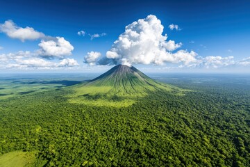 Aerial View of Green Volcano with Cloud Plume