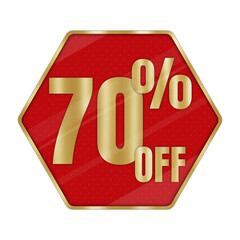 Shiny Gold 70% OFF Discount Label on Red Hexagon Badge Isolated on Transparent Background – Premium Sale Promotion Sign for Marketing and Advertising