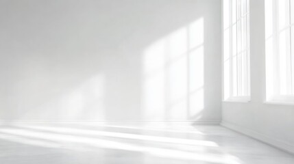 White wall background with blurred leaf shadows, perfect for minimalist interiors, websites, and serene visuals
