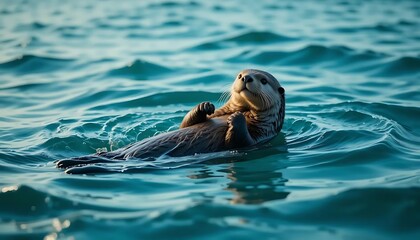 A playful sea otter floating effortlessly on turquoise rippling ocean waves, captured from a cinematic angle as if in a serene wildlife documentary. The otter rests on its back with folded paws