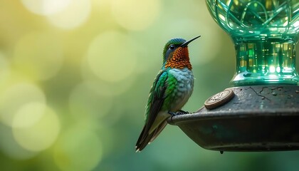 Close-up shot of a vibrant hummingbird perched gracefully beside a rustic emerald-green glass feeder, its iridescent green plumage glowing under soft daylight while warm orange chest feathers create 