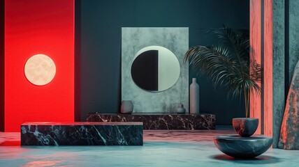 Abstract Interior Design Moonlit Minimalist Scene with Marble and Palm