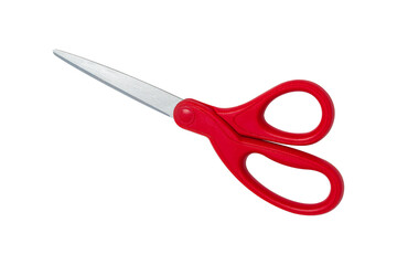 Red-handled scissors isolated on a transparent PNG.
