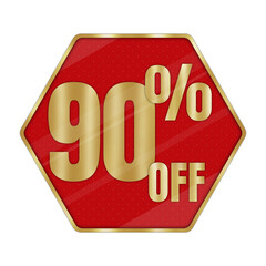 Shiny Gold 90% OFF Discount Label on Red Hexagon Badge Isolated on Transparent Background – Premium Sale Promotion Sign for Marketing and Advertising