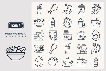 Collection of Pixel Art Nourishing Food and Drink Icons for Healthy Lifestyle White Background
