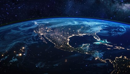 Obraz premium Night view of Earth from space, showcasing North and Central America's city lights against a backdrop of stars and swirling clouds