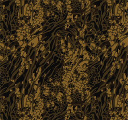 Leopard print. Vector seamless pattern. Animal skin background with black and brown spots on beige backdrop. Abstract exotic safari texture. Jaguar, leo, puma cheetah fur pattern. Repeat design