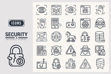 Collection of Cyber Security Icons Representing Digital Threats and Protection White Background