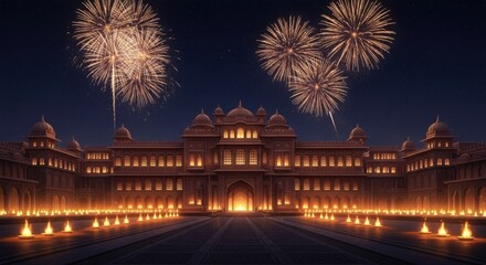 Naklejka premium Grand Palace Illuminated at Night with Fireworks Display in the Sky