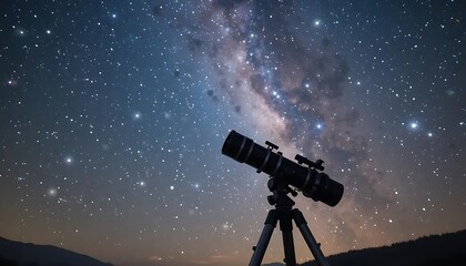 high resolution telescope on tripod under clear starry night sky, realistic astrophotography style, visible Milky Way galaxy, astronomy and stargazing concept, natural night landscape, educational 