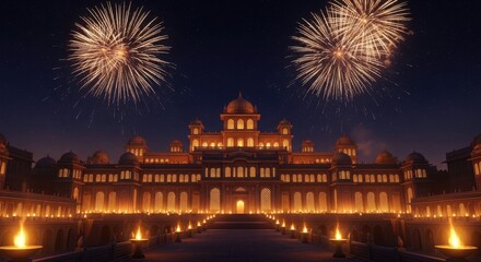 Naklejka premium Grand Palace Building Illuminated at Night with Fireworks Display in Sky