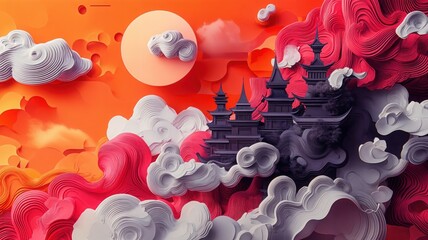 Mystical pagodas rise above a vibrant, stylized cloudscape in hues of red and orange, depicting an enchanting fantasy realm with intricate details and a dreamlike ambiance